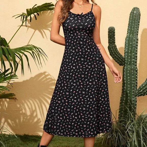 Black and White Boho Womens Ditsy Floral Print Cami Dress - Picture 5 of 5